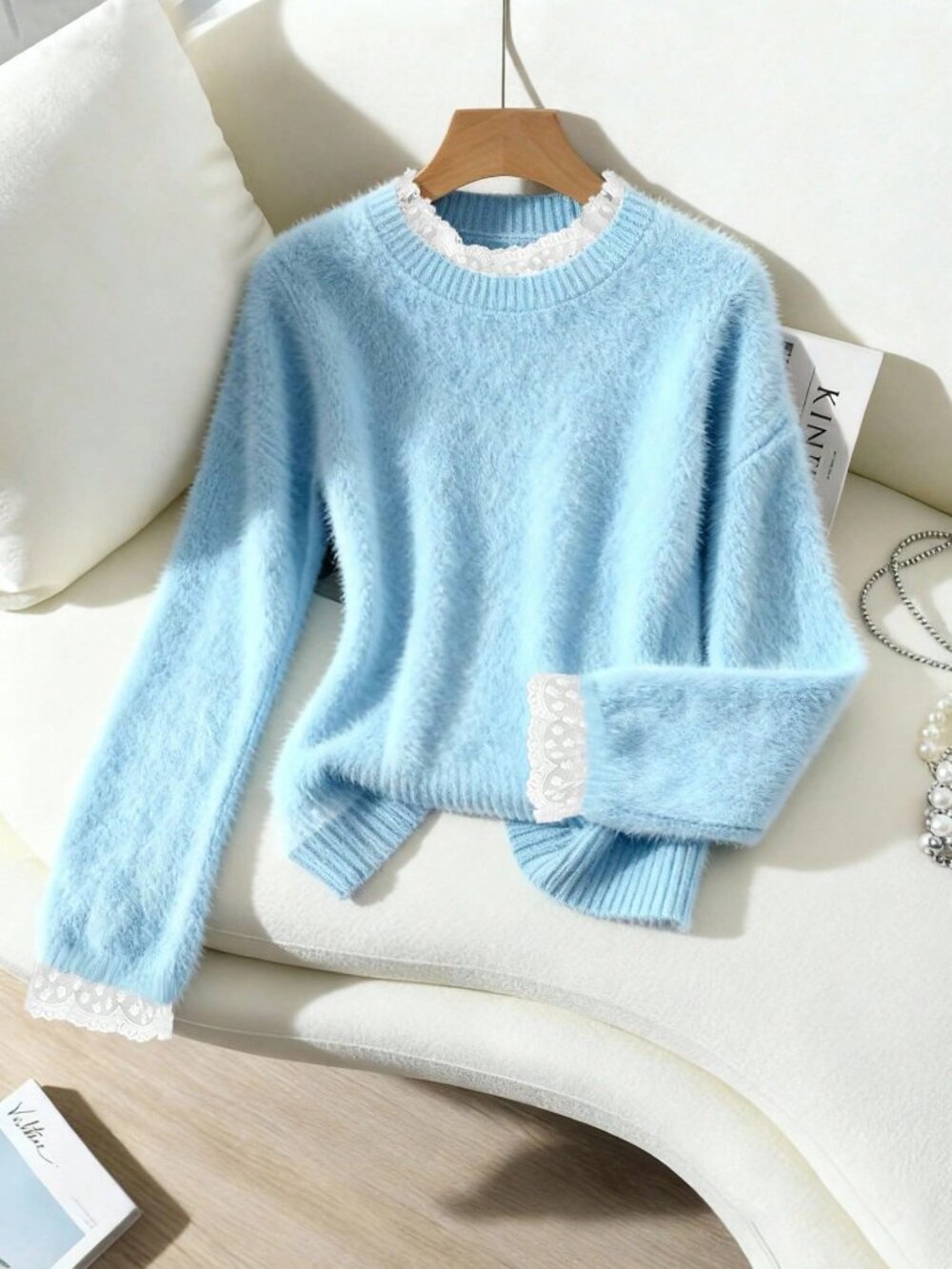 Baby Blue Casual Women's Sweet Lace Collar 3d Soft Faux Fur Pullover Sweater